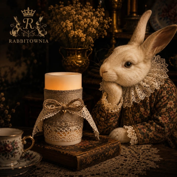 Lniana Szata Świecy Zapach Dworu z koronką i sercem dekoracja świecy handmade